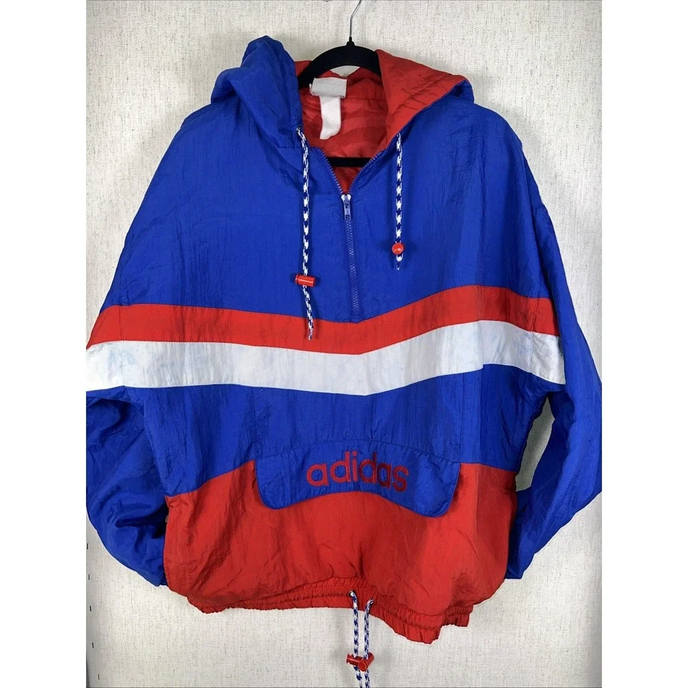 Vintage 90's ADIDAS Color Block Anorak Red White Blue‎ 1/4 Zip Hooded Pullover ✅